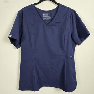 Figs Womens Zipper Pockets V Neck Scrub Top L Blue Stretch Medical Nurse Doctor